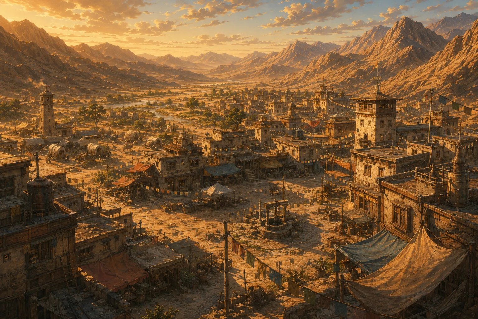 A desert trade town at golden hour — flat-roofed houses, prayer flags, a stone well, mountains beyond.