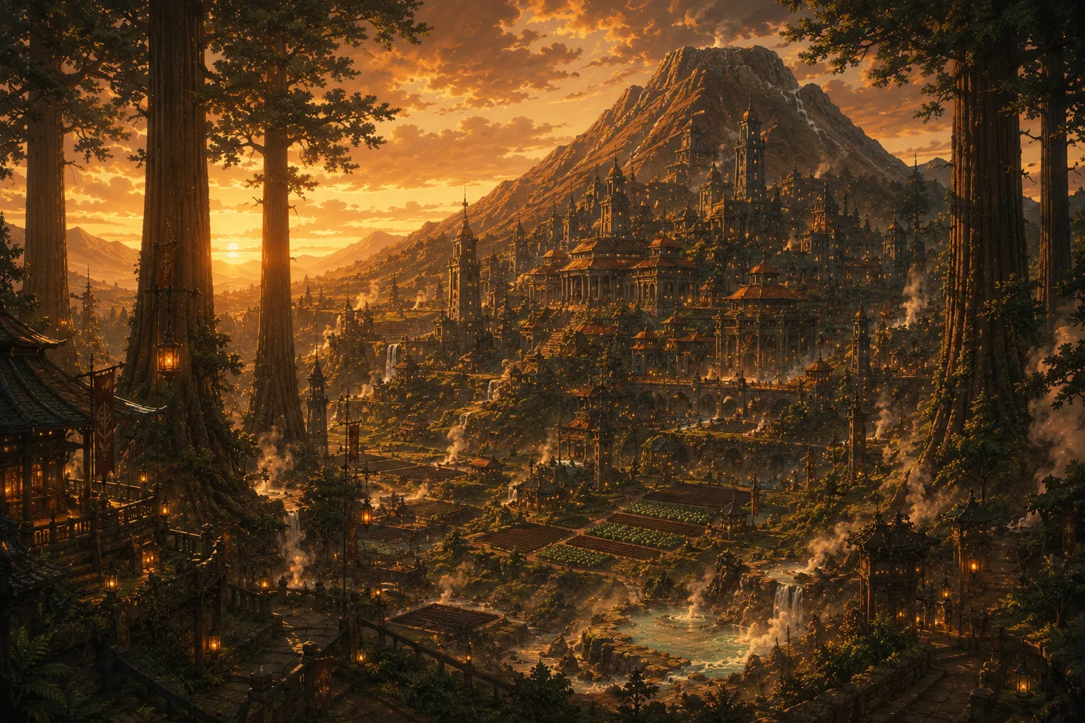 A terraced city among giant redwoods, geothermal steam rising between lantern-lit gardens, a mountain behind.