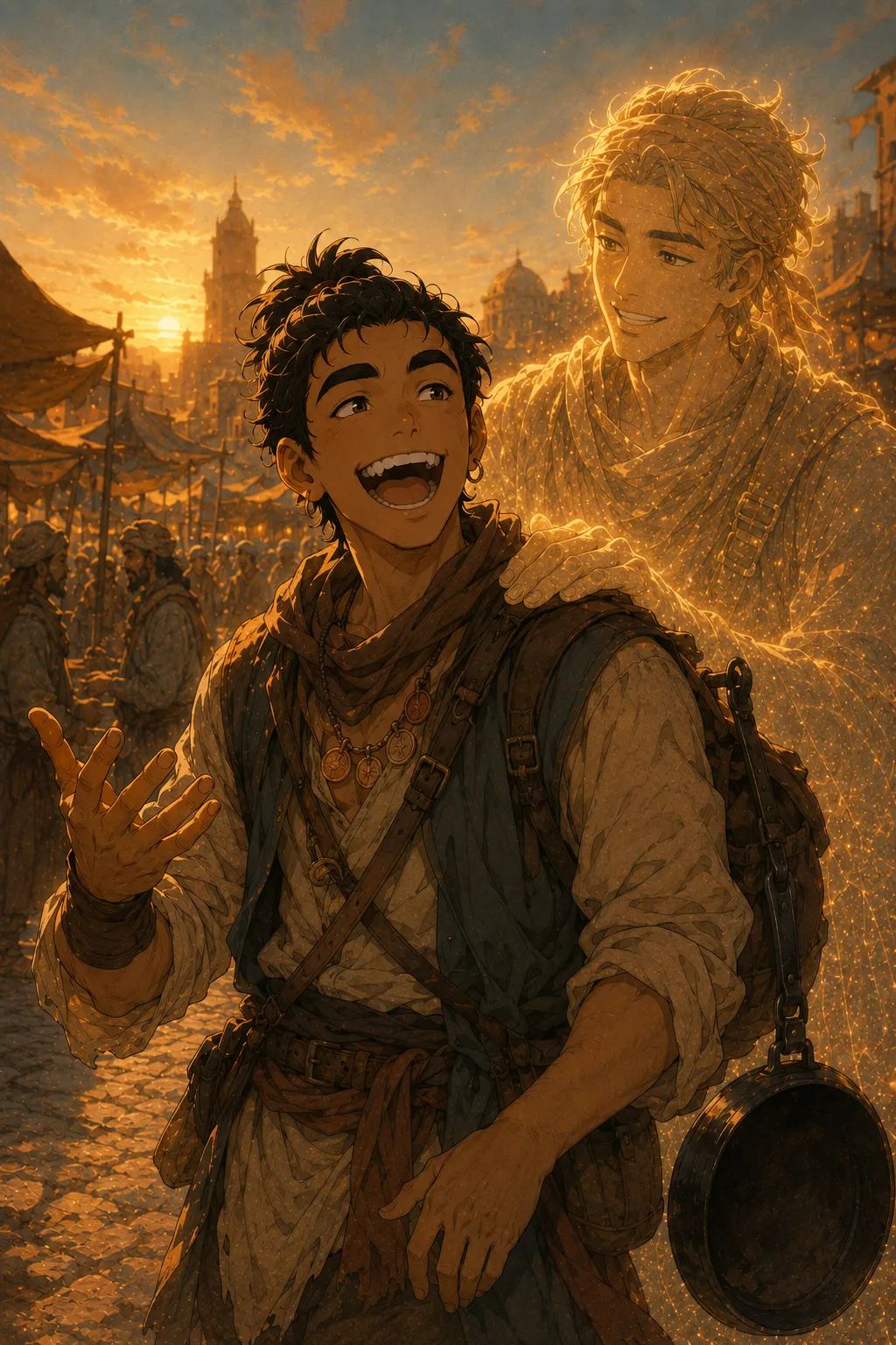 A grinning seventeen-year-old with a round boyish face, dark messy hair in a short topknot, two copper hoop earrings, a chipped front tooth, and a necklace of stamped copper tokens, wearing a cream shirt and blue-grey vest.