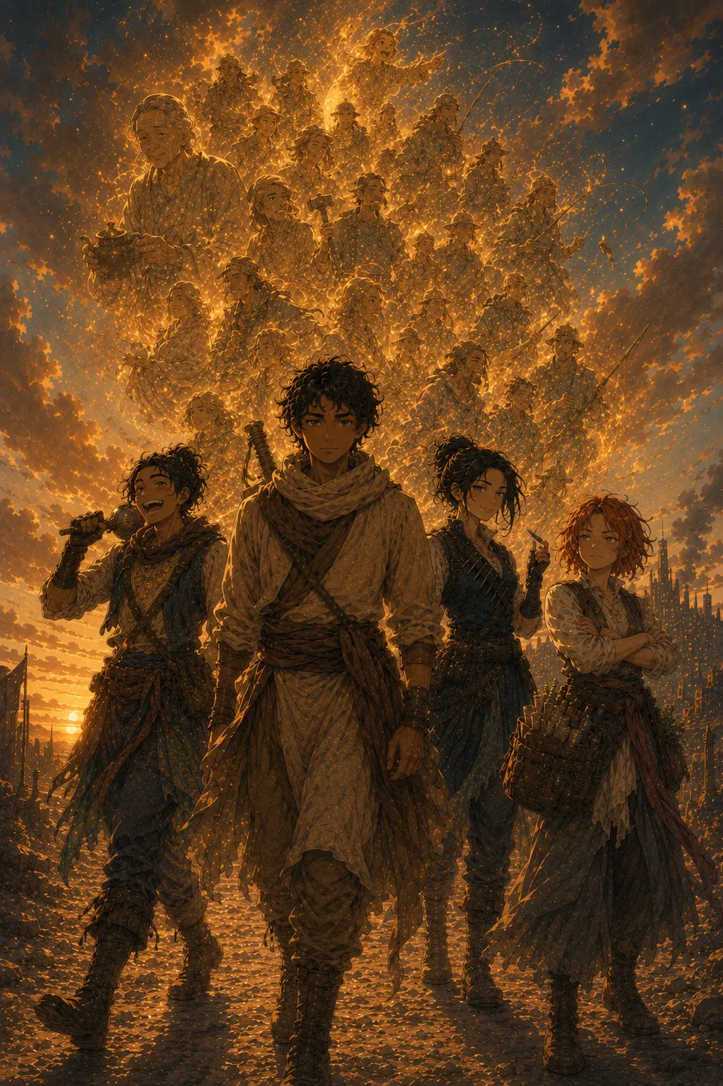 Win and his companions walking beneath a sky of golden spirits at sunrise.