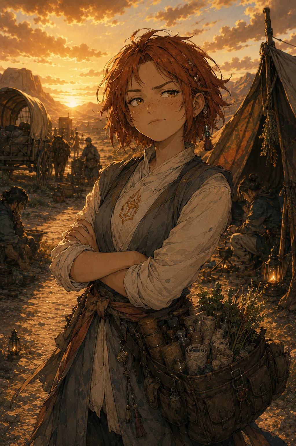 A sixteen-year-old girl with short choppy copper-red hair and one small beaded side-braid, amber-hazel eyes, freckles, arms crossed, in cream and grey layered robes with a gold-orange ember-and-lamp emblem and a large healer's satchel.
