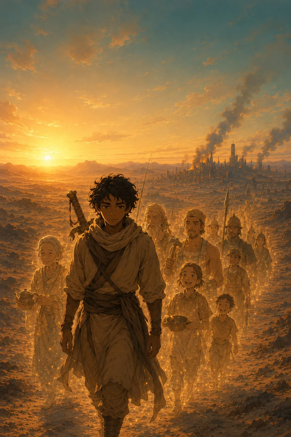 A lean sixteen-year-old with warm brown skin, dark loose curls, and gentle tired eyes, in dust-tan layered traveler's clothes, a cloth-wrapped longsword across his back, lit by golden desert light.