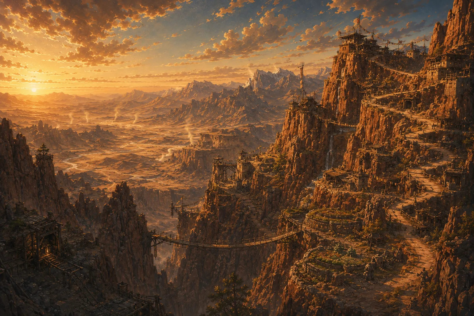 Cliff dwellings stacked along a canyon wall, joined by rope bridges, above a dry valley at sunset.