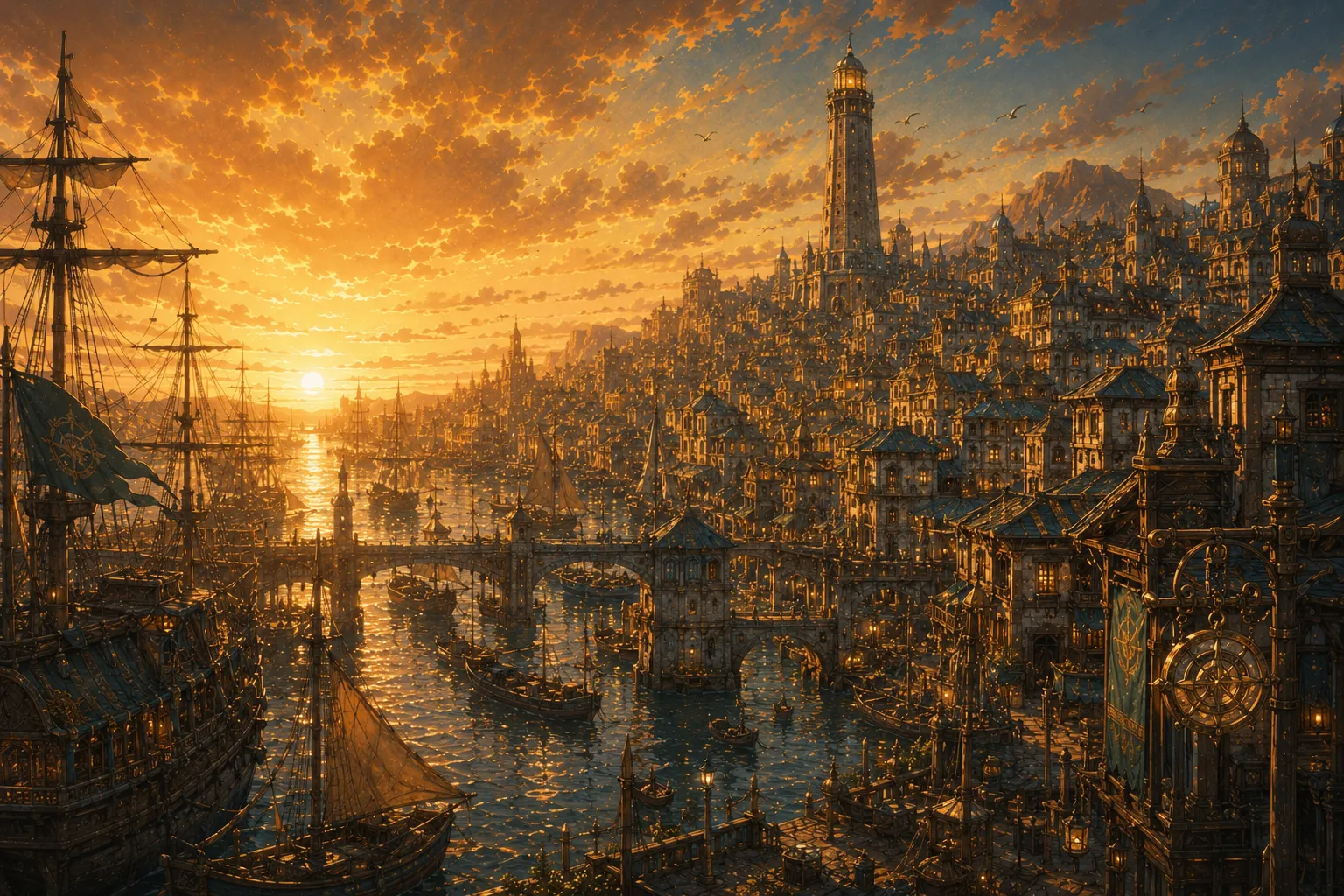 A harbor city at sunset — tall ships, crowded quays, a lighthouse tower over the water.
