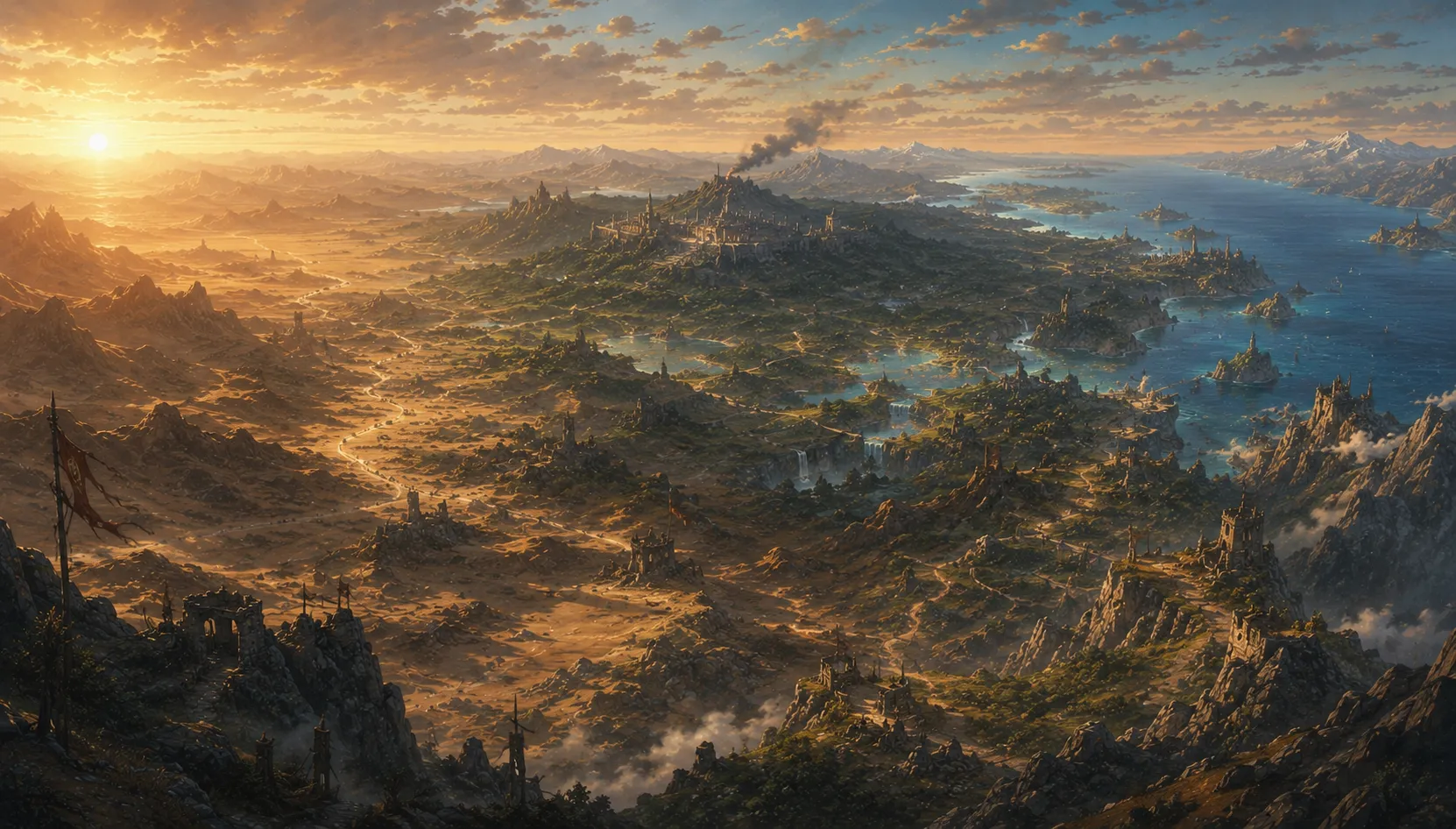 Aethel at dawn — desert in the west giving way to green lowlands, a walled city at the center, and the sea beyond.